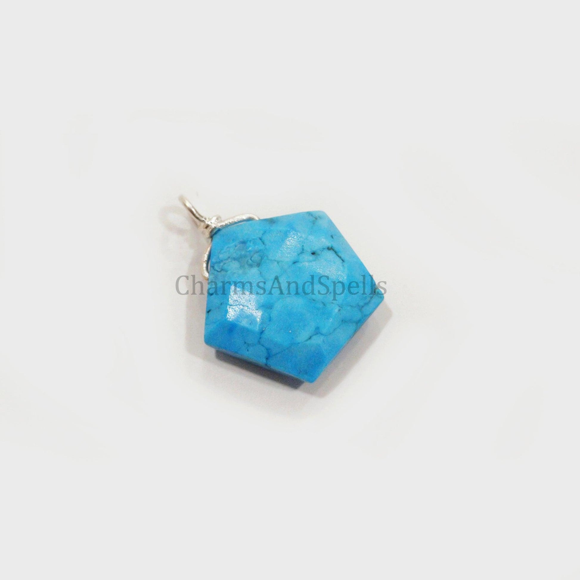 Turquoise Howlite Wire Wrap Pendant, Pentagon Shape Handmade Pendant, Boho Silver Plated Pendant, Statement Pendant, Gift For Unisex - Charms And Spells