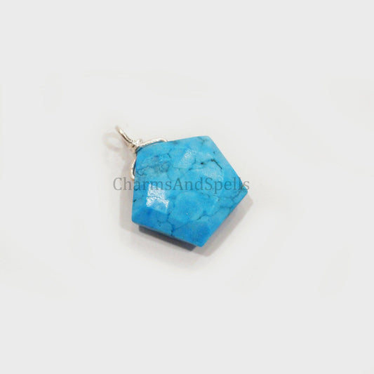 Turquoise Howlite Wire Wrap Pendant, Pentagon Shape Handmade Pendant, Boho Silver Plated Pendant, Statement Pendant, Gift For Unisex - Charms And Spells