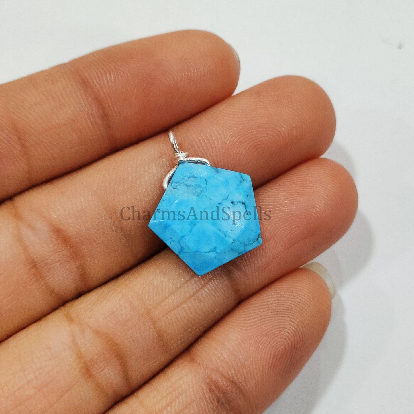 Turquoise Howlite Wire Wrap Pendant, Pentagon Shape Handmade Pendant, Boho Silver Plated Pendant, Statement Pendant, Gift For Unisex - Charms And Spells