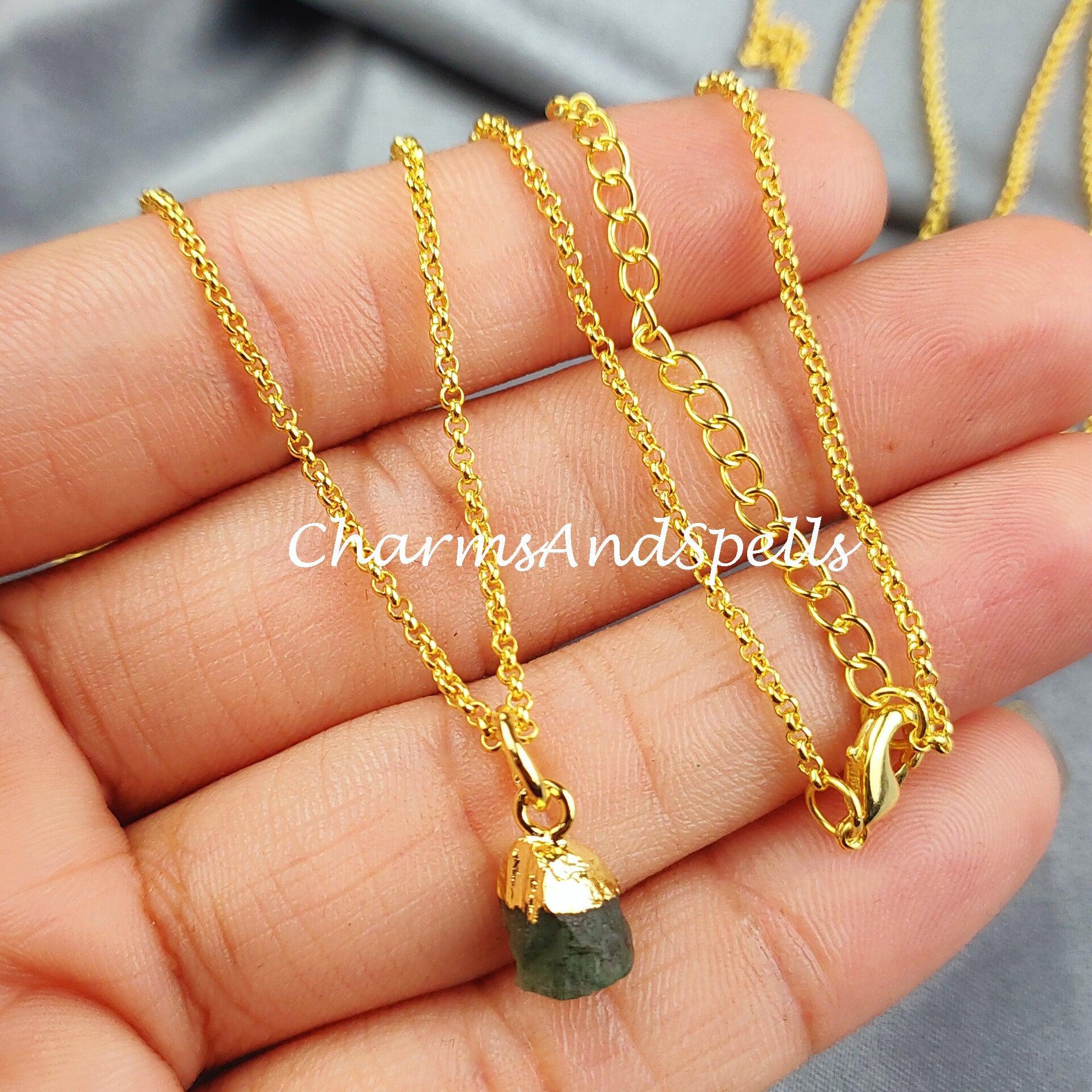 Natural Raw Emerald Necklace, Gold Plated Necklace, Crystal Necklace, Rough Emerald Necklace, Natural Gemstone Healing Crystal Jewelry - Charms And Spells