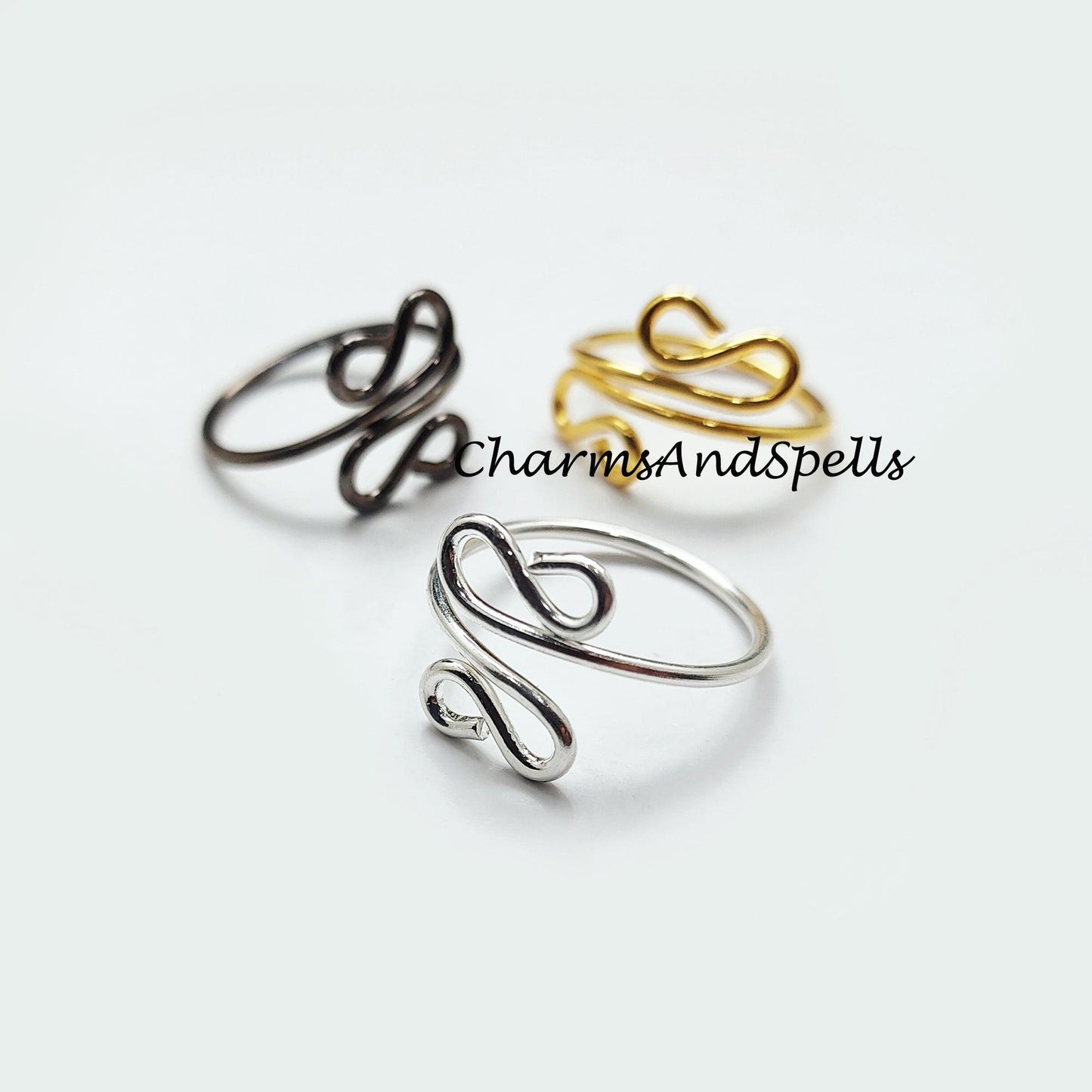 Wire Wrapped Ring, Black, Silver, Gold Plated Wire Ring, Adjustable Ring, Stacking Ring, Statement Ring, Women Ring - Charms And Spells