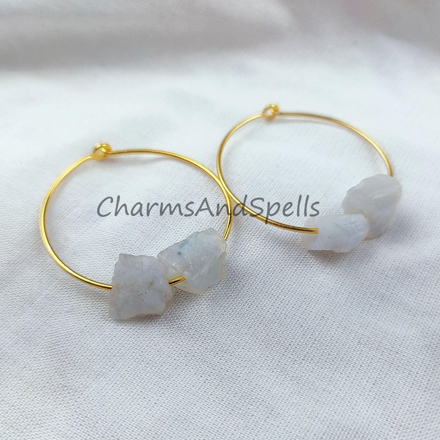 Natural Rainbow Moonstone Earrings, Rough Moonstone Jewelry, 14K Gold Plated Earrings, Women Gift Jewelry - Charms And Spells