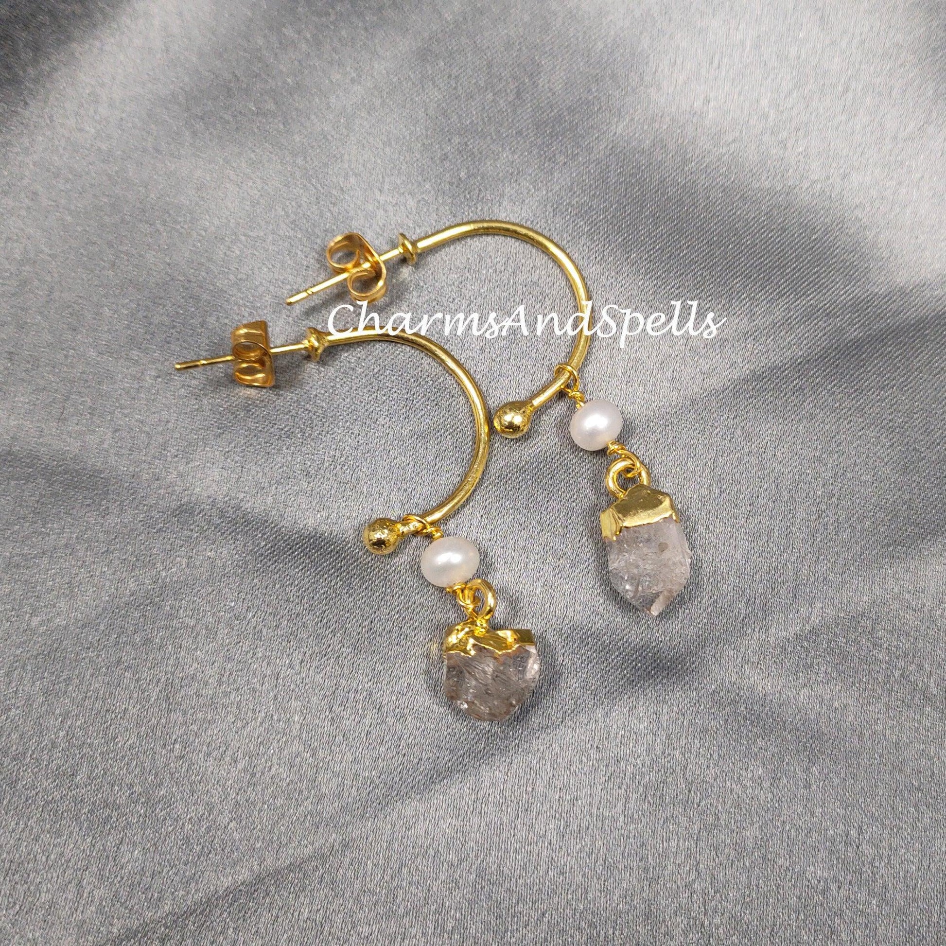 Raw Herkimer Quartz Earrings, Electroplated Earrings, 14K Gold Plated Earrings, Raw Earrings - Charms And Spells