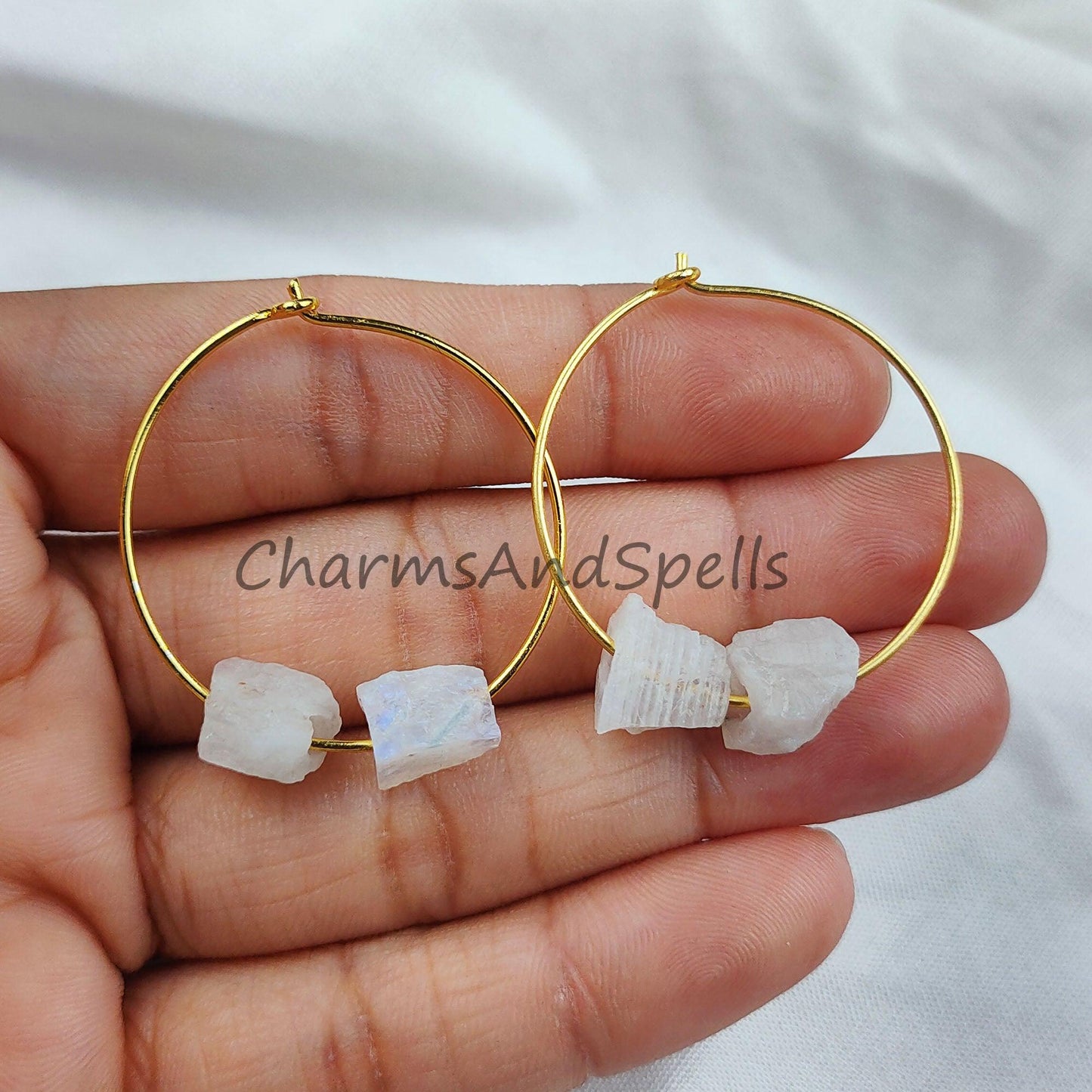 Natural Rainbow Moonstone Earrings, Rough Moonstone Jewelry, 14K Gold Plated Earrings, Women Gift Jewelry - Charms And Spells