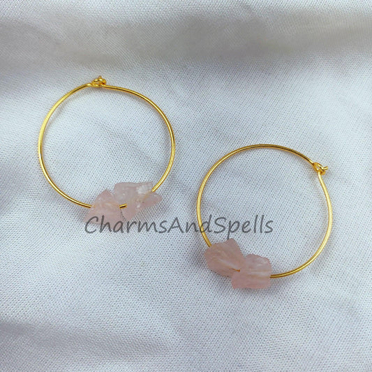 Natural Rose Quartz Earrings, Pink Rough Gemstone Jewelry, 14K Gold Plated Earrings, Ethnic Jewelry - Charms And Spells