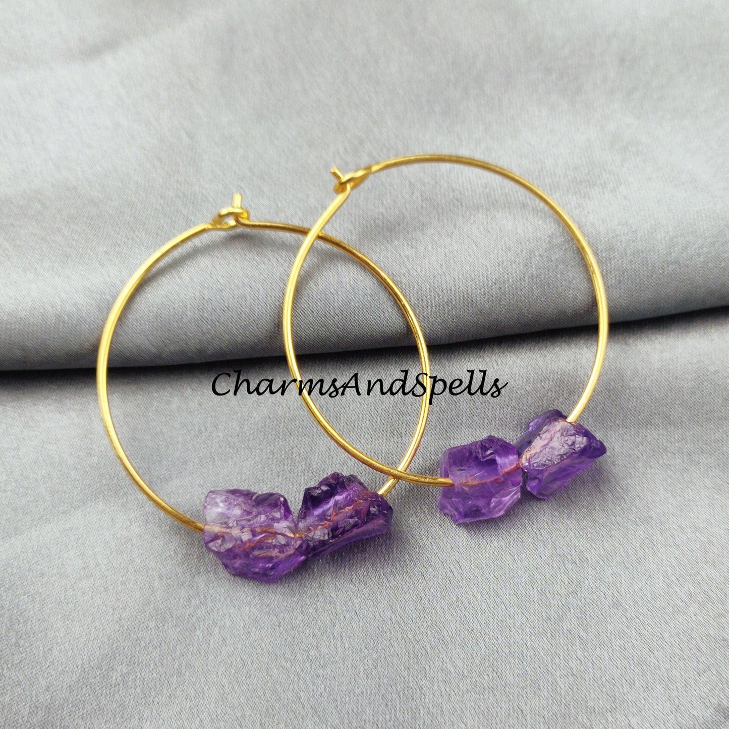 Raw Amethyst Earring, Loop Earring, Gold Plated Earring, Gemstone Earring, Birthstone Earring, Handmade Earring - Charms And Spells