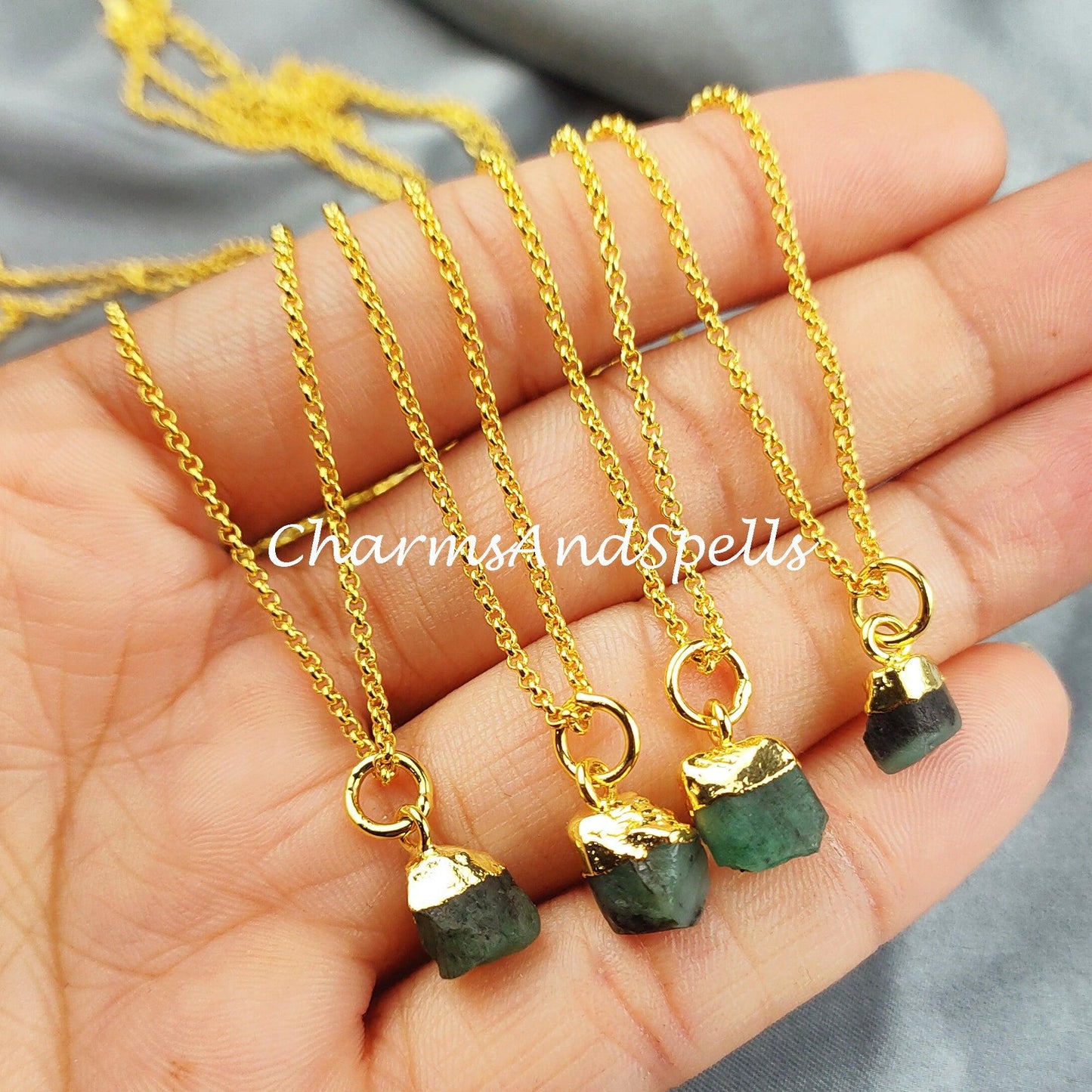 Natural Raw Emerald Necklace, Gold Plated Necklace, Crystal Necklace, Rough Emerald Necklace, Natural Gemstone Healing Crystal Jewelry - Charms And Spells