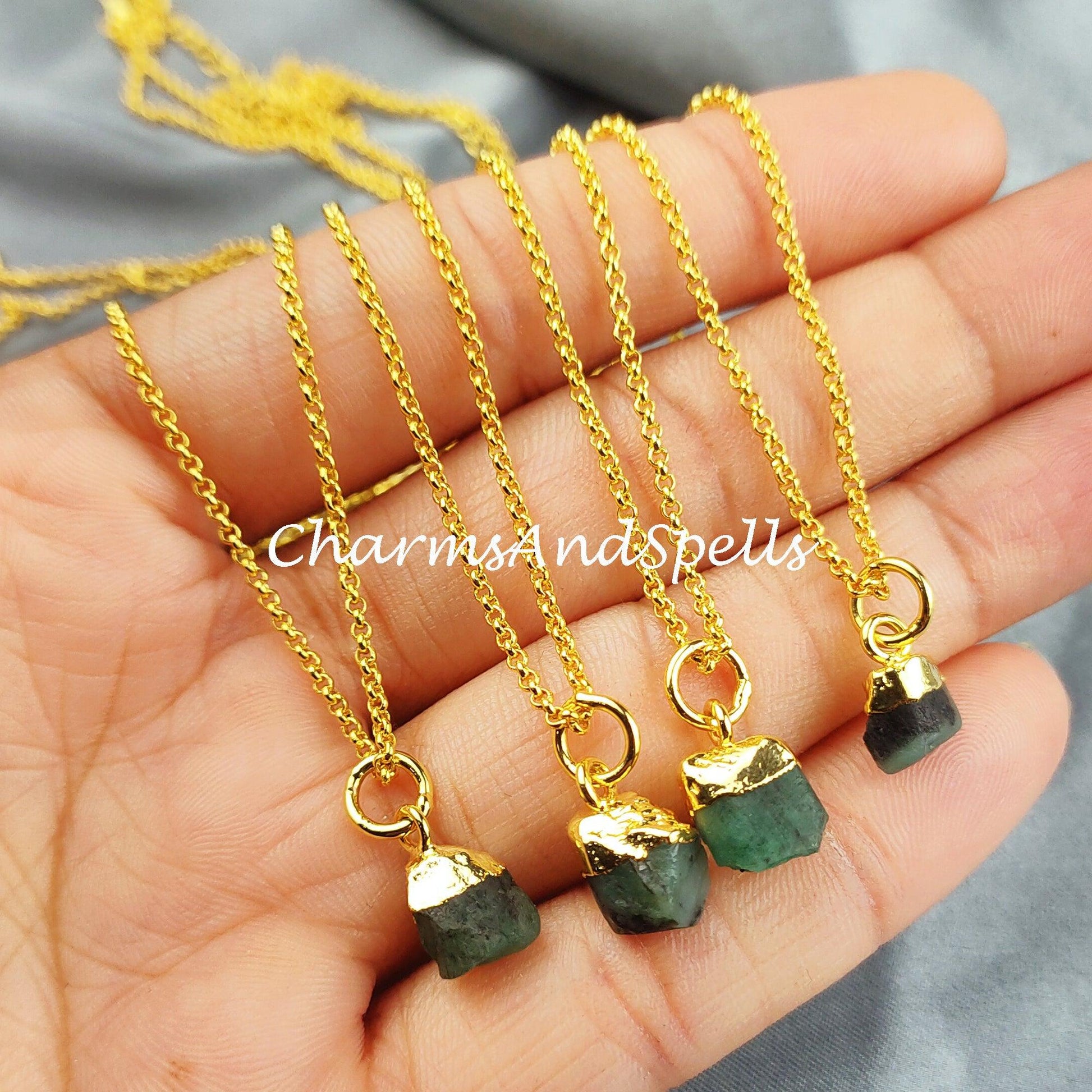 Natural Raw Emerald Necklace, Gold Plated Necklace, Crystal Necklace, Rough Emerald Necklace, Natural Gemstone Healing Crystal Jewelry - Charms And Spells