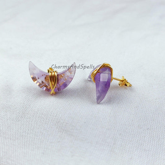 Amethyst Earring, Moon Studs, 14K Gold Plated Earrings, Amethyst Stud Earrings, Purple Wire Wrap Stud Earrings - Charms And Spells