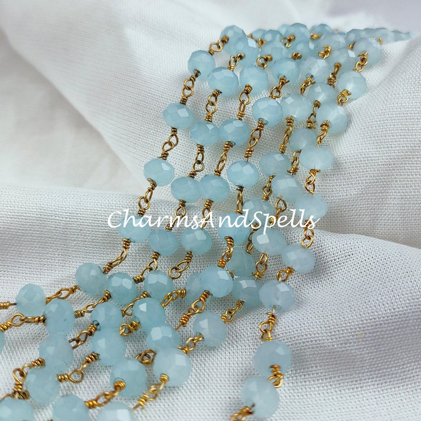 1 feet Chain, Aqua Chalcedony Beaded Chain, Blue Wire Wrapped Chain, Rosary Bead Chain, Jewelry Making Chain, DIY Chain, Handmade Chain - Charms And Spells