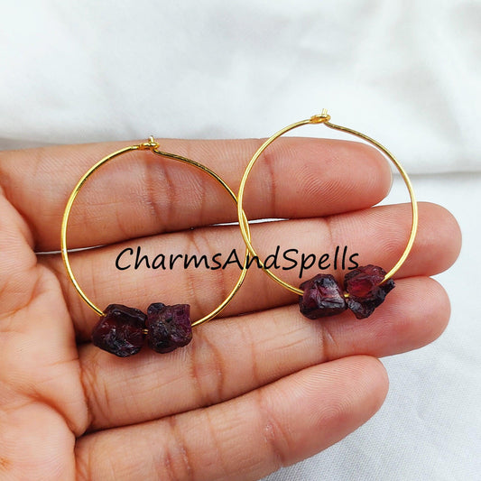 Natural Raw Garnet Earring, 14K Gold Plated Earring, Round Earring, Loop Earring, January Birthstone Earring - Charms And Spells