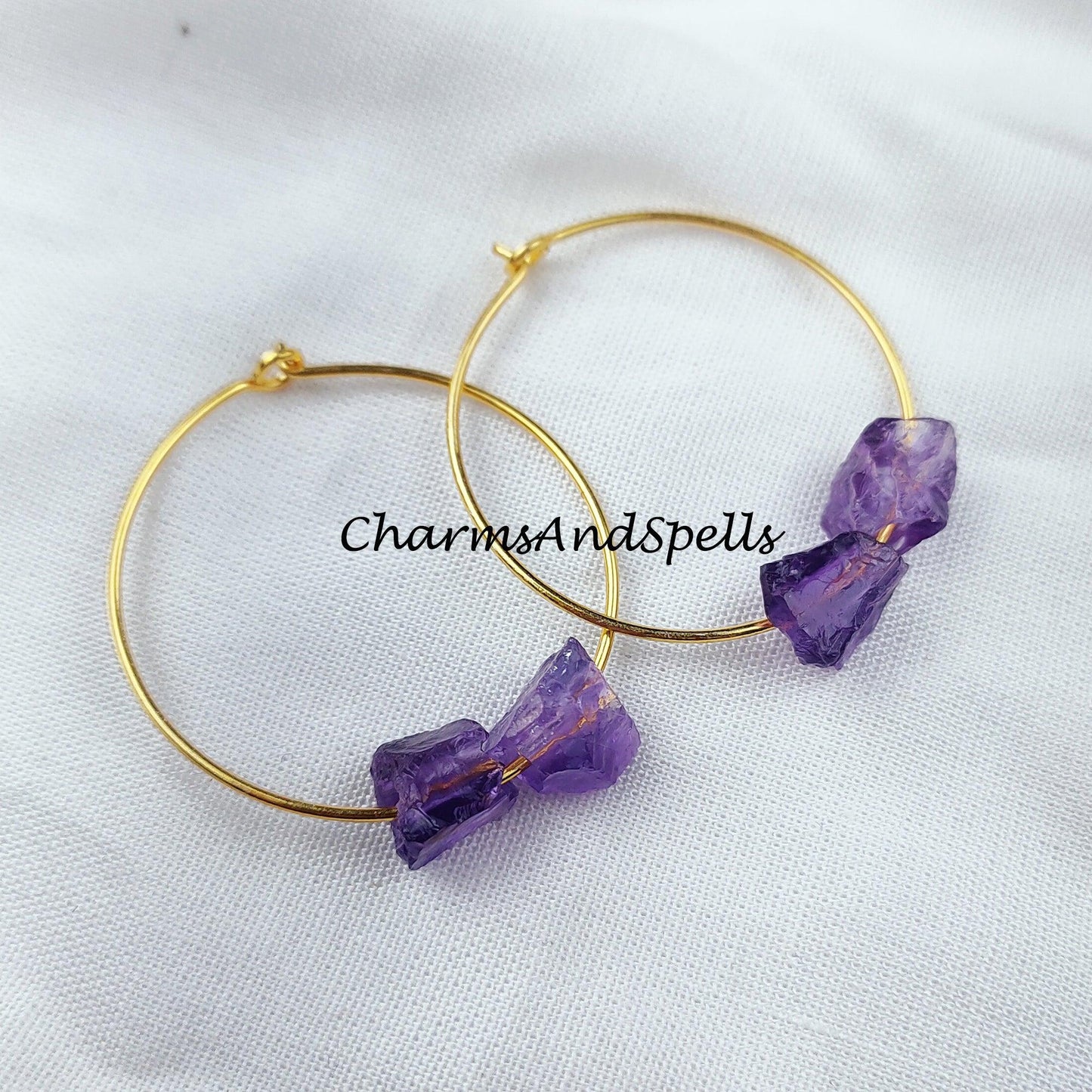 Raw Amethyst Earring, Loop Earring, Gold Plated Earring, Gemstone Earring, Birthstone Earring, Handmade Earring - Charms And Spells