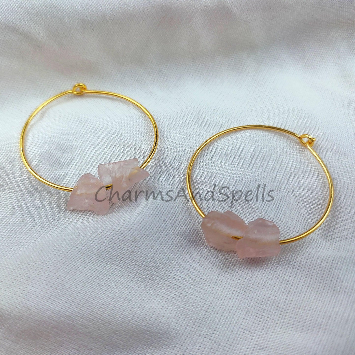 Natural Rose Quartz Earrings, Pink Rough Gemstone Jewelry, 14K Gold Plated Earrings, Ethnic Jewelry - Charms And Spells