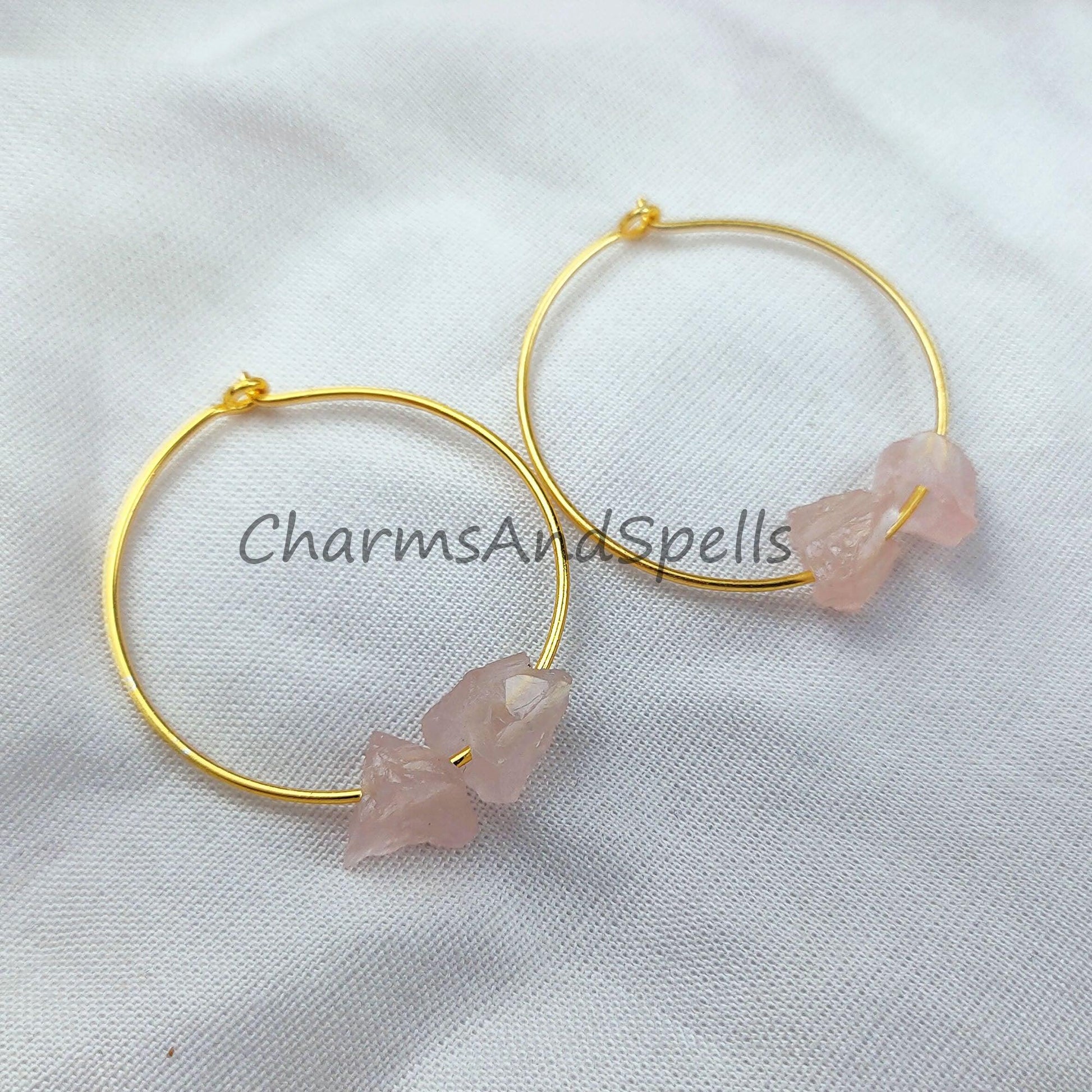 Natural Rose Quartz Earrings, Pink Rough Gemstone Jewelry, 14K Gold Plated Earrings, Ethnic Jewelry - Charms And Spells