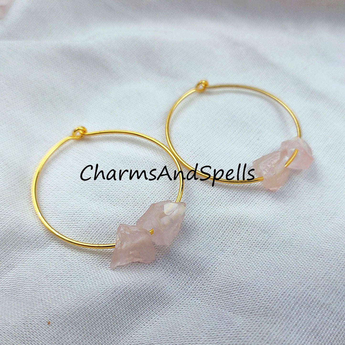 Natural Rose Quartz Earrings, Pink Rough Gemstone Jewelry, 14K Gold Plated Earrings, Ethnic Jewelry - Charms And Spells