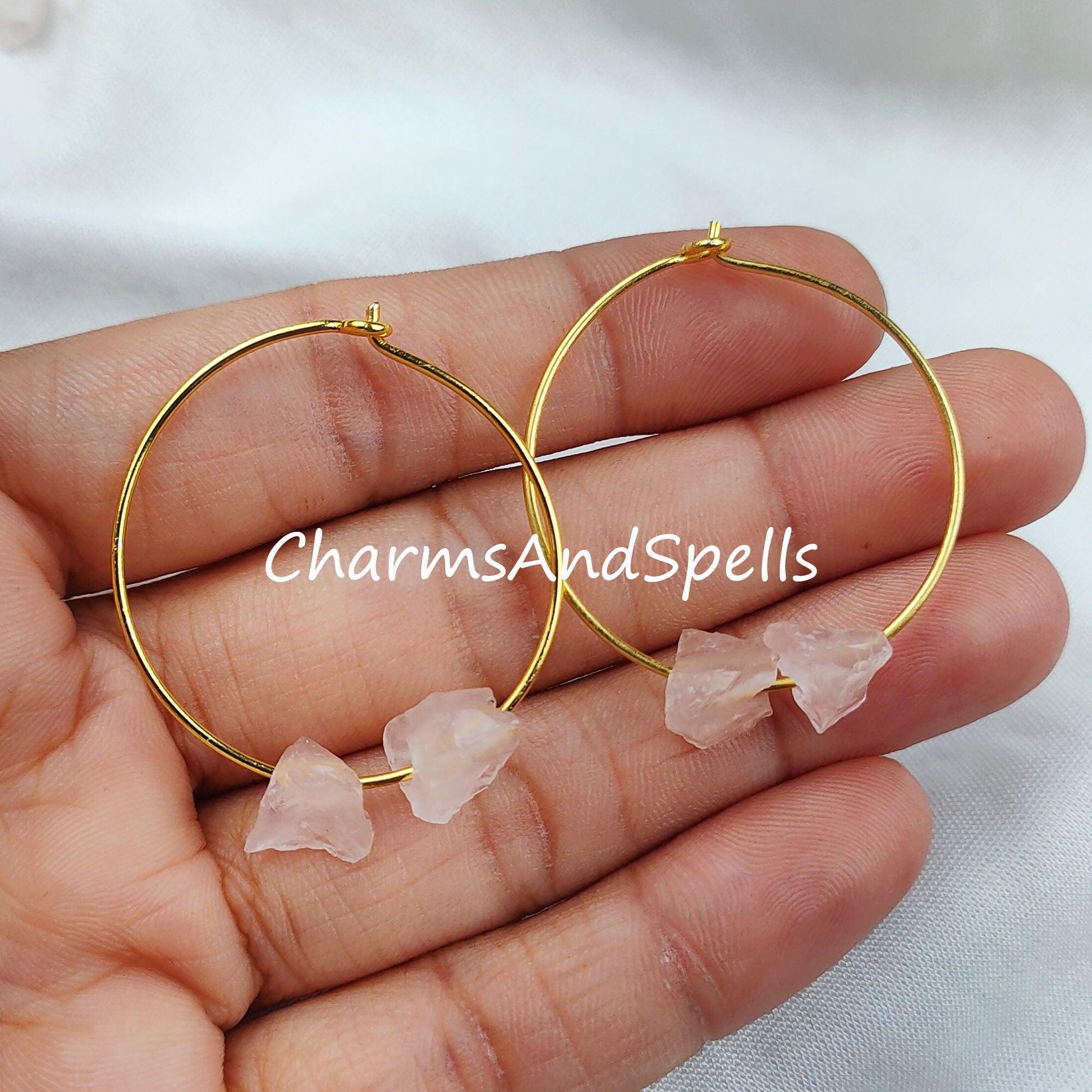 Natural Rose Quartz Earrings, Pink Rough Gemstone Jewelry, 14K Gold Plated Earrings, Ethnic Jewelry - Charms And Spells