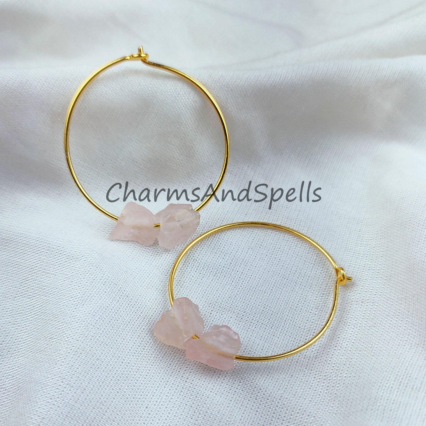 Natural Rose Quartz Earrings, Pink Rough Gemstone Jewelry, 14K Gold Plated Earrings, Ethnic Jewelry - Charms And Spells