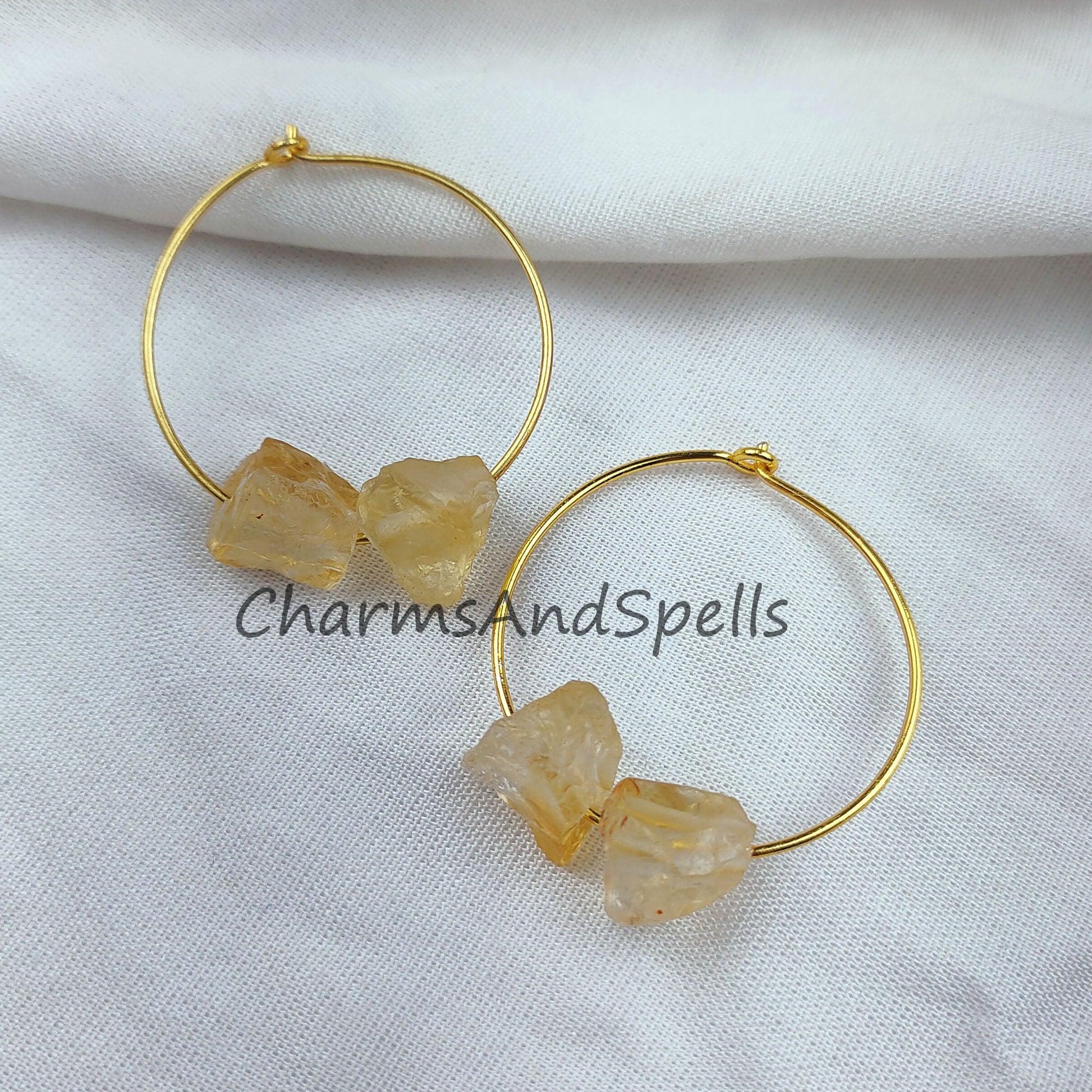 Raw Citrine Earrings, Women Loop Earrings, Raw Citrine Jewelry, 14K Gold Plated Earrings, Women Earring - Charms And Spells