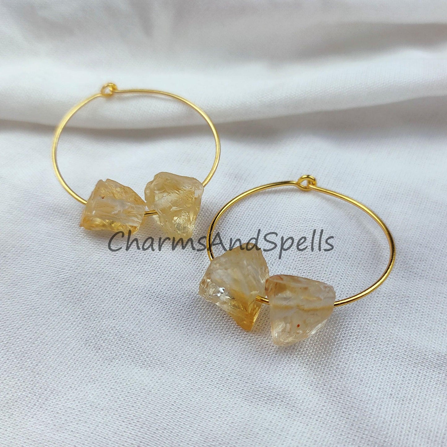 Raw Citrine Earrings, Women Loop Earrings, Raw Citrine Jewelry, 14K Gold Plated Earrings, Women Earring - Charms And Spells