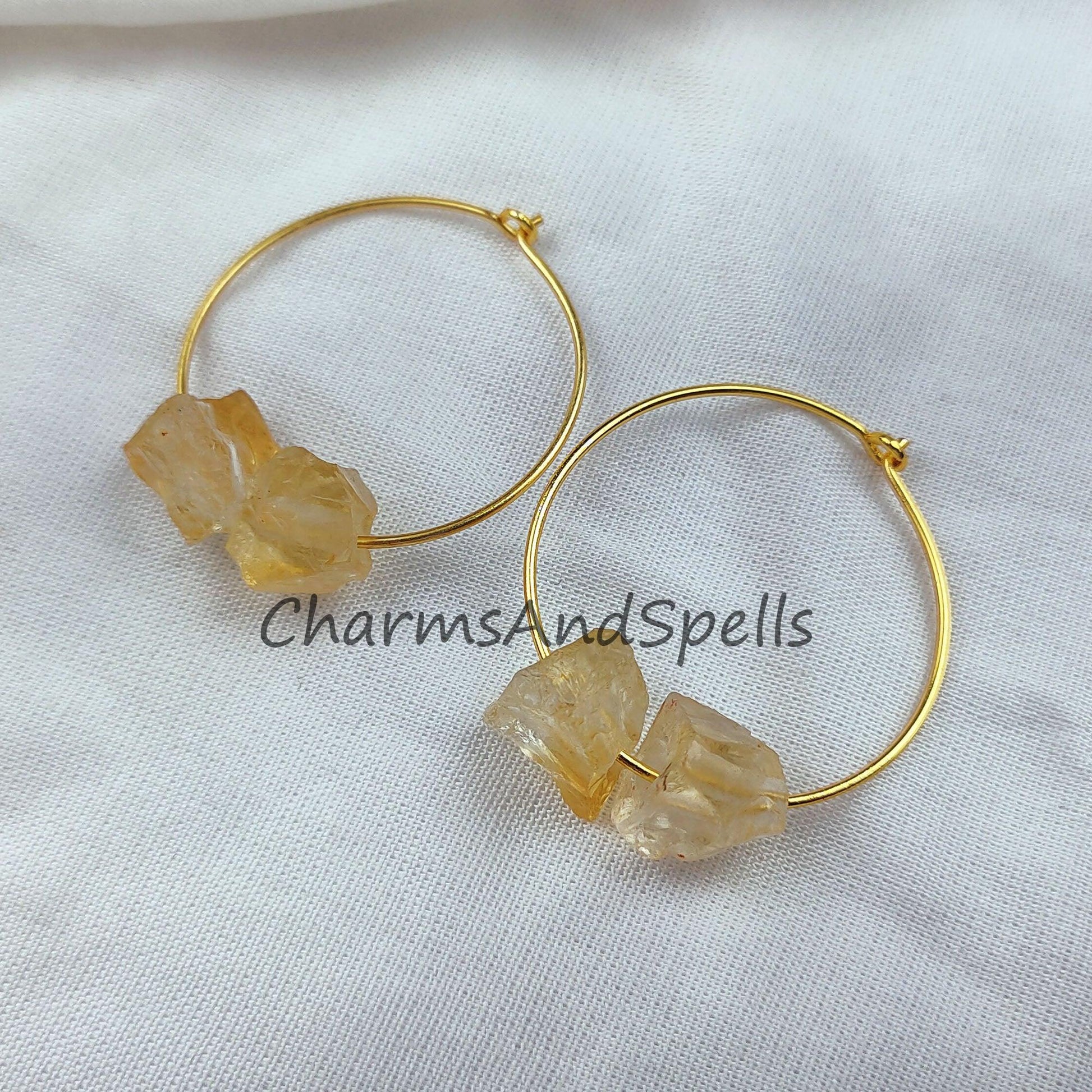 Raw Citrine Earrings, Women Loop Earrings, Raw Citrine Jewelry, 14K Gold Plated Earrings, Women Earring - Charms And Spells