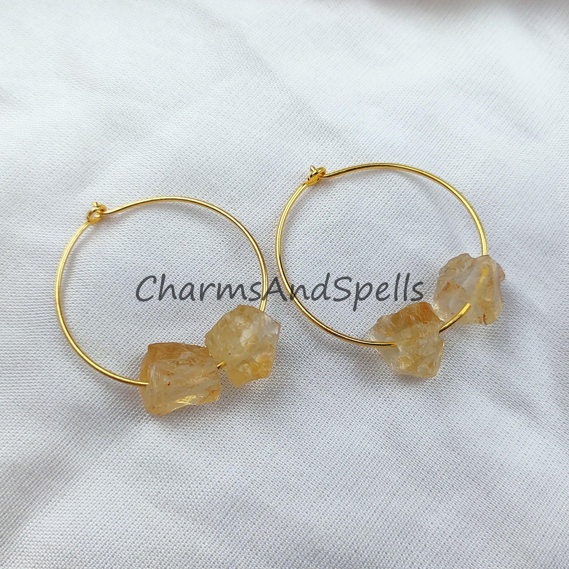 Raw Citrine Earrings, Women Loop Earrings, Raw Citrine Jewelry, 14K Gold Plated Earrings, Women Earring - Charms And Spells