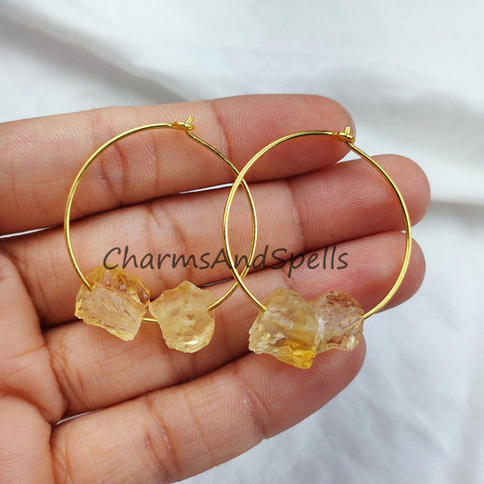 Raw Citrine Earrings, Women Loop Earrings, Raw Citrine Jewelry, 14K Gold Plated Earrings, Women Earring - Charms And Spells