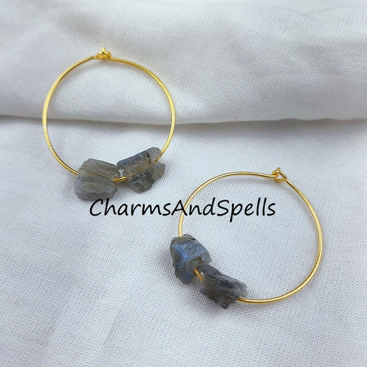 Natural Labradorite Earrings, Blue Flashy Labradorite, Raw Labradorite Earrings, 14K Gold Plated Earrings - Charms And Spells