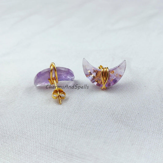 Amethyst Earring, Moon Studs, 14K Gold Plated Earrings, Amethyst Stud Earrings, Purple Wire Wrap Stud Earrings - Charms And Spells