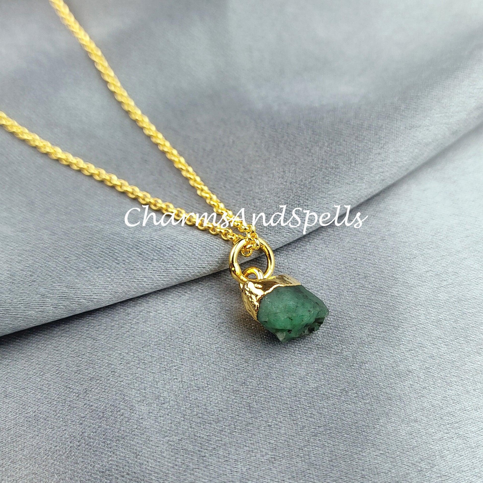 Natural Raw Emerald Necklace, Gold Plated Necklace, Crystal Necklace, Rough Emerald Necklace, Natural Gemstone Healing Crystal Jewelry - Charms And Spells