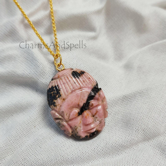 Rhodonite Buddha Face Carving Necklace, Gold Plated Buddha Pendant Necklace, Heart Chakra Peace Protection, Luck Necklace, Unisex necklace - Charms And Spells