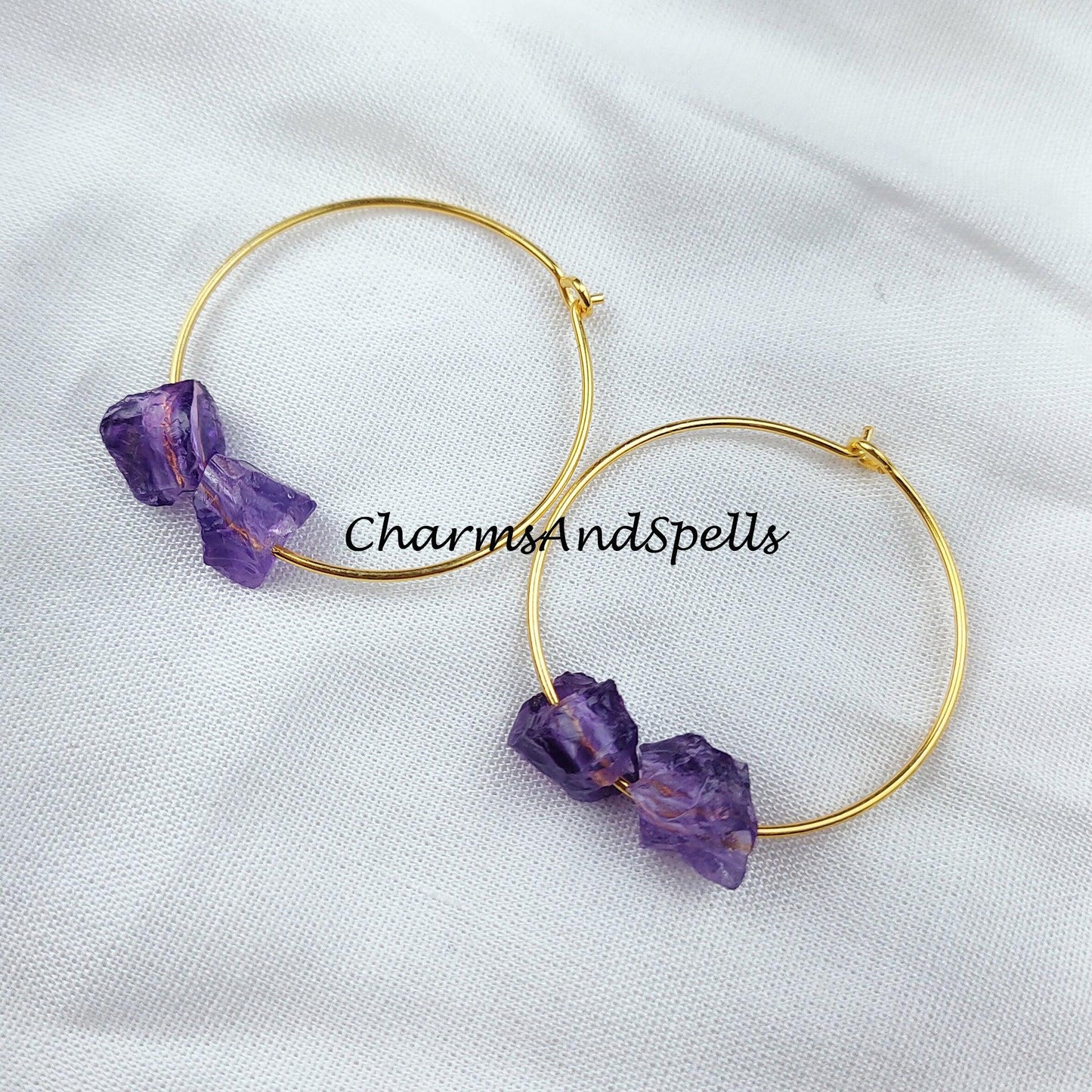 Raw Amethyst Earring, Loop Earring, Gold Plated Earring, Gemstone Earring, Birthstone Earring, Handmade Earring - Charms And Spells