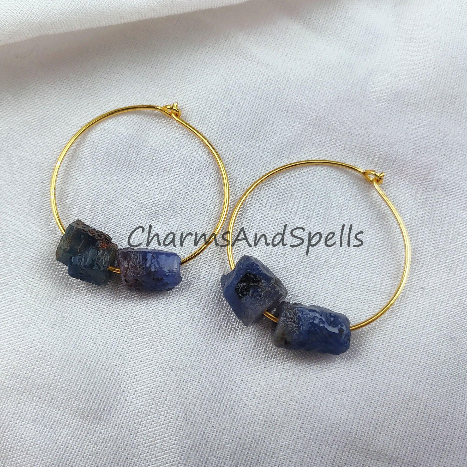 Natural Blue Sapphire Earrings, 14K Gold Plated Earring, Round Earring, Blue Stone Earring, September Birthstone Earring - Charms And Spells