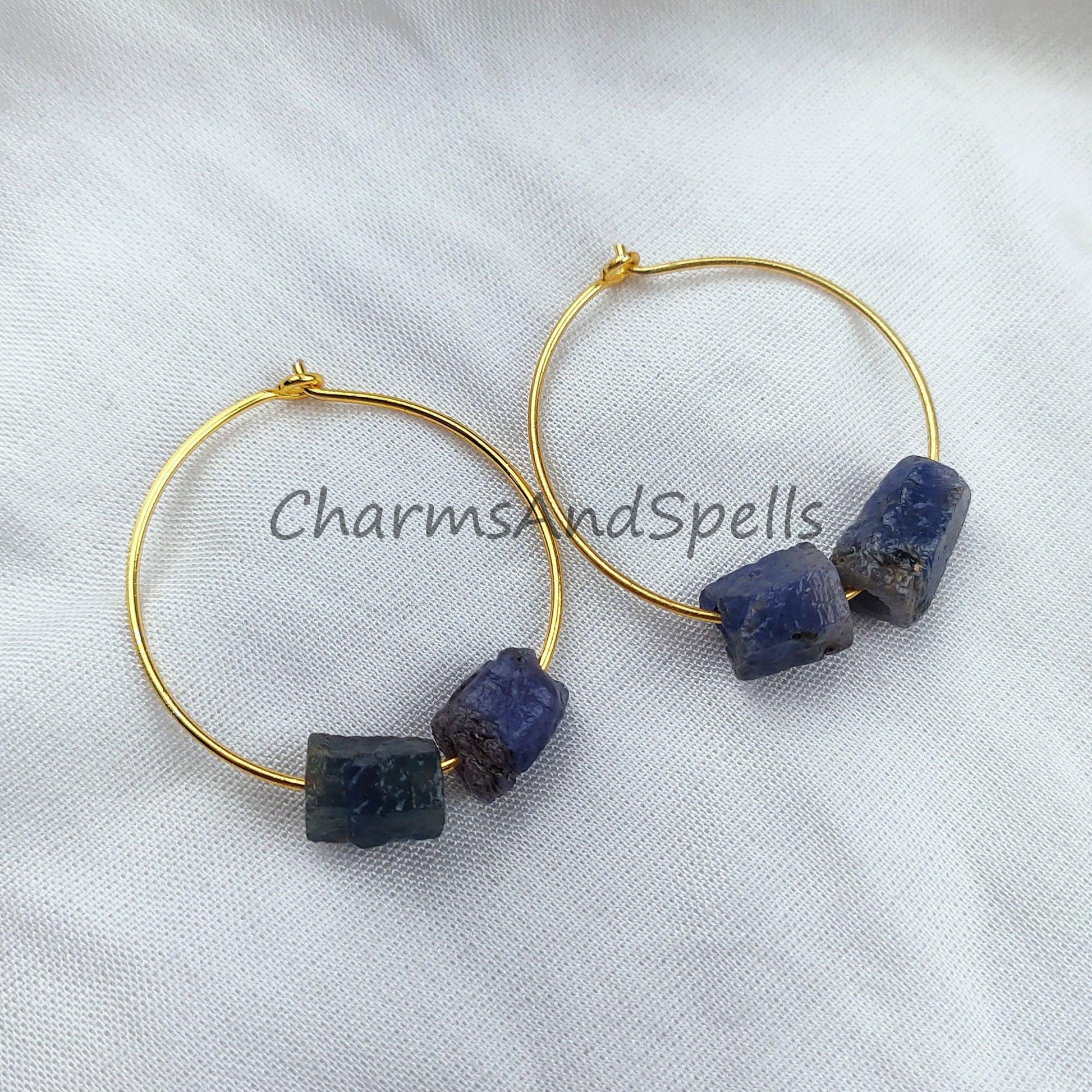 Natural Blue Sapphire Earrings, 14K Gold Plated Earring, Round Earring, Blue Stone Earring, September Birthstone Earring - Charms And Spells