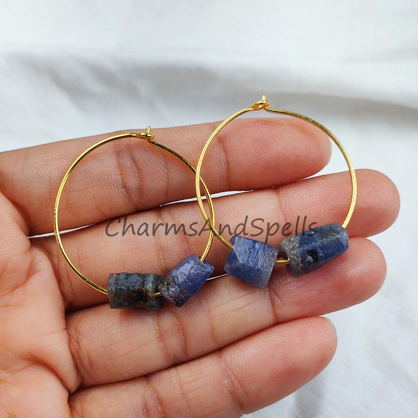 Natural Blue Sapphire Earrings, 14K Gold Plated Earring, Round Earring, Blue Stone Earring, September Birthstone Earring - Charms And Spells