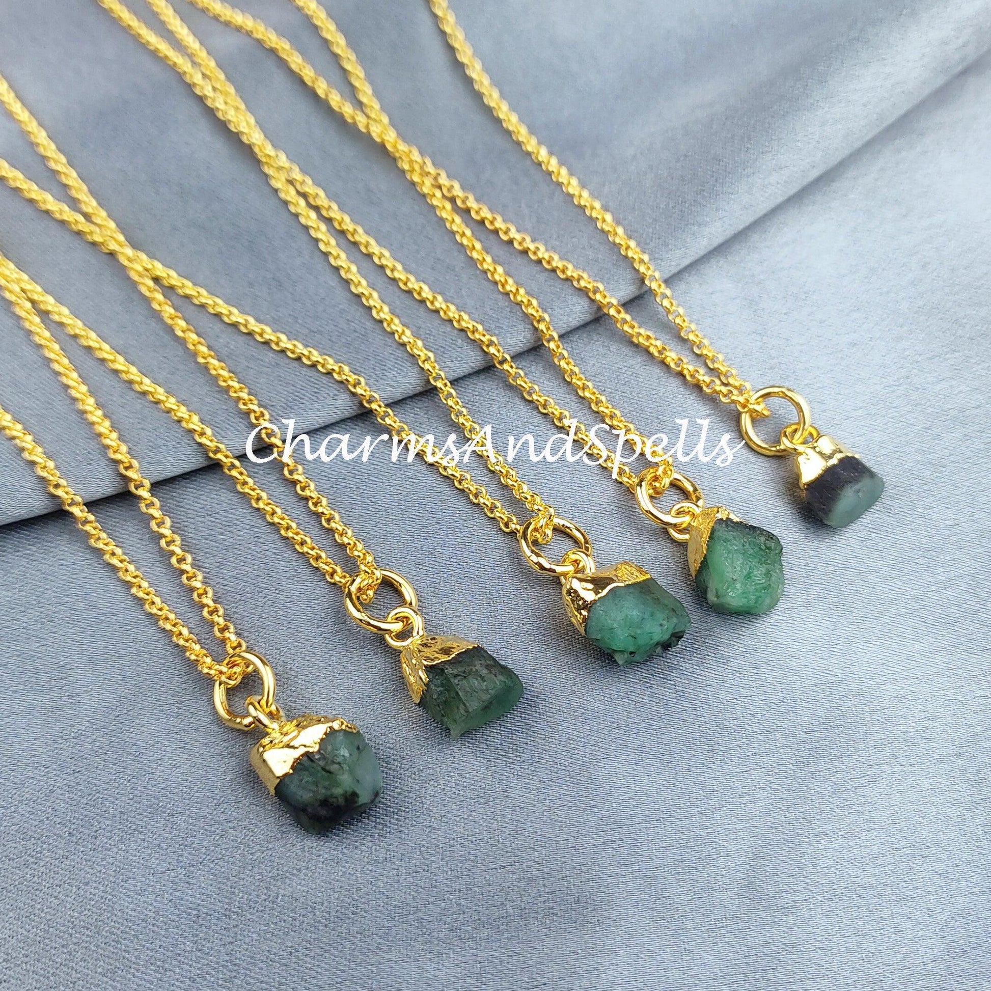 Natural Raw Emerald Necklace, Gold Plated Necklace, Crystal Necklace, Rough Emerald Necklace, Natural Gemstone Healing Crystal Jewelry - Charms And Spells