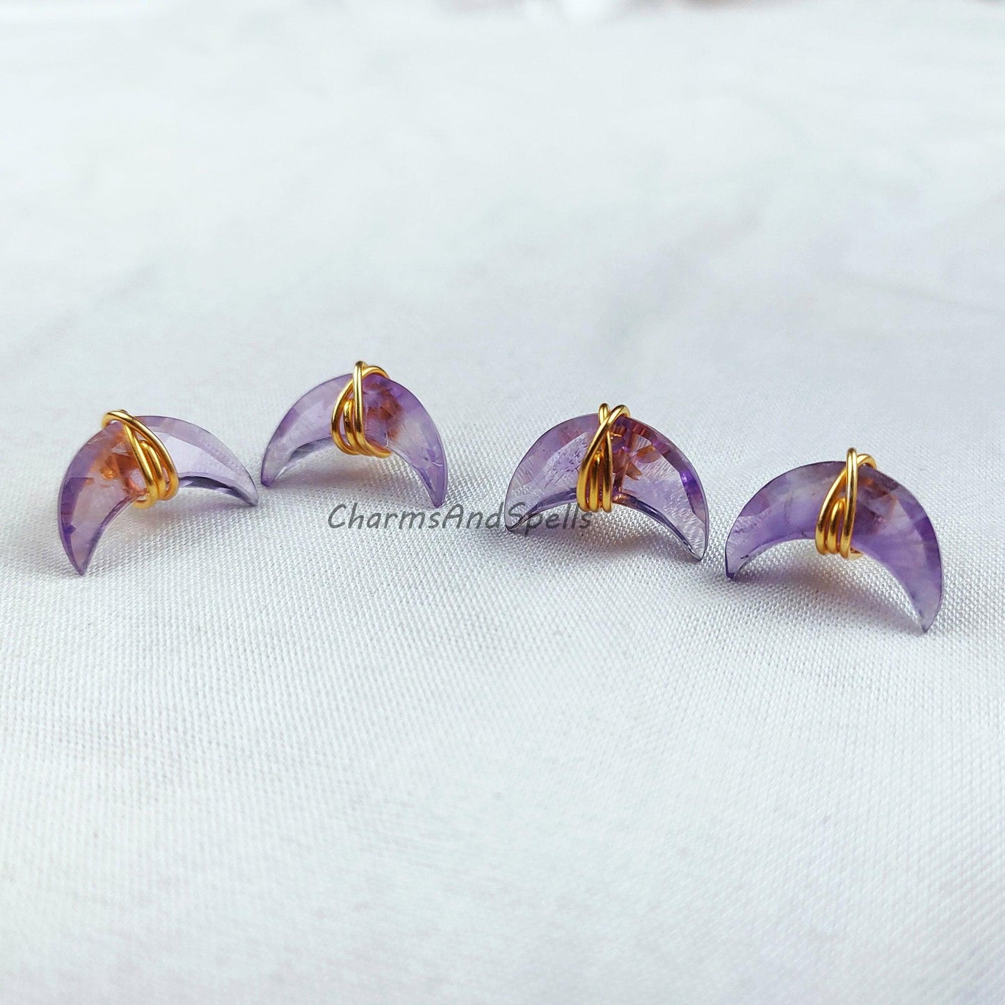 Amethyst Earring, Moon Studs, 14K Gold Plated Earrings, Amethyst Stud Earrings, Purple Wire Wrap Stud Earrings - Charms And Spells