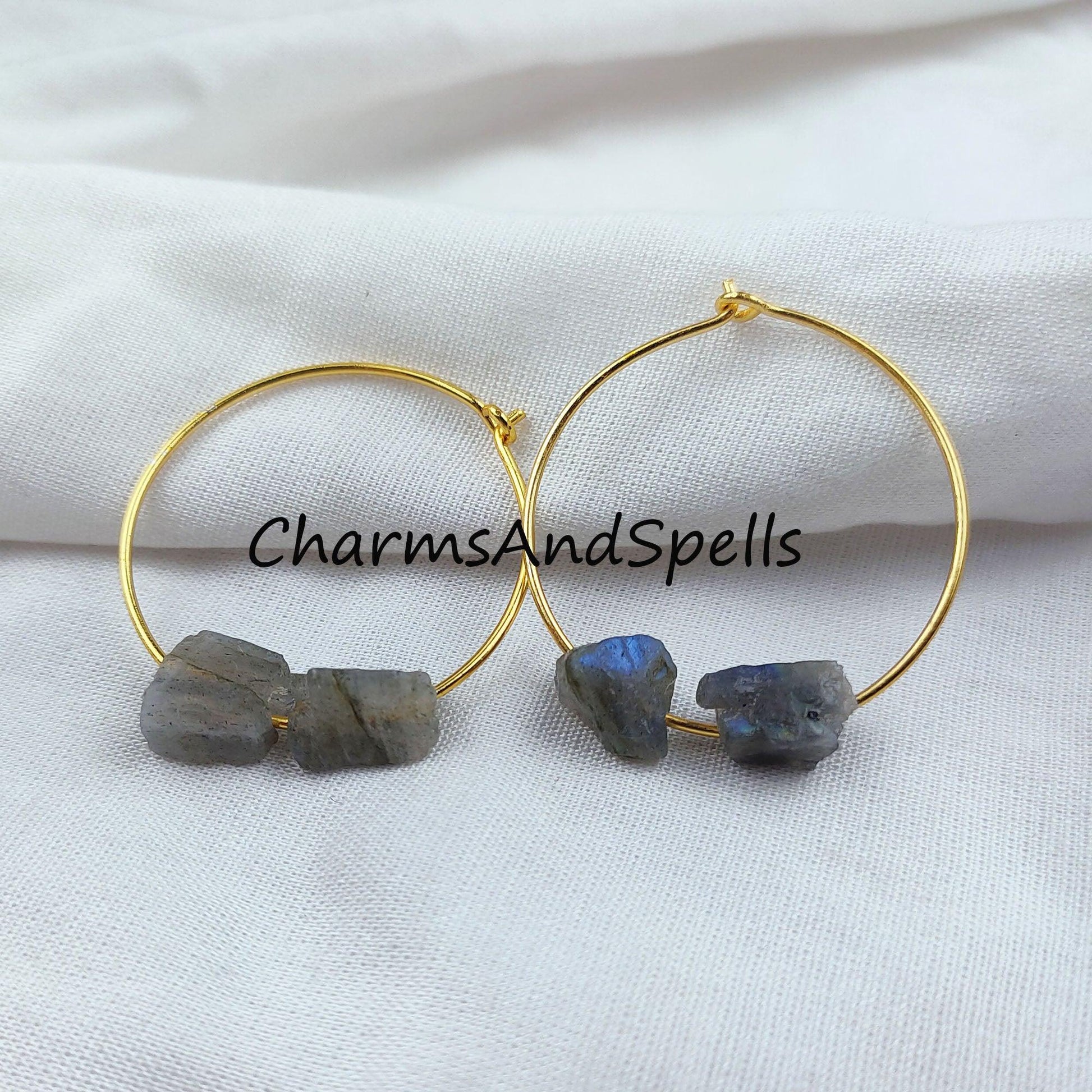 Natural Labradorite Earrings, Blue Flashy Labradorite, Raw Labradorite Earrings, 14K Gold Plated Earrings - Charms And Spells