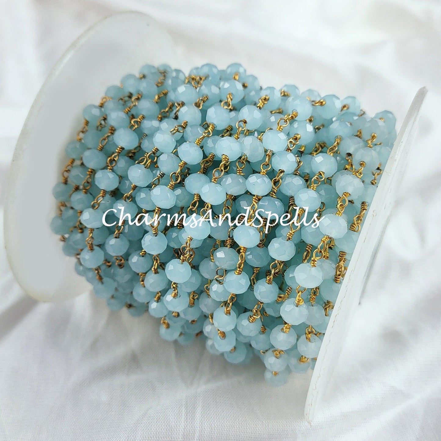 1 feet Chain, Aqua Chalcedony Beaded Chain, Blue Wire Wrapped Chain, Rosary Bead Chain, Jewelry Making Chain, DIY Chain, Handmade Chain - Charms And Spells