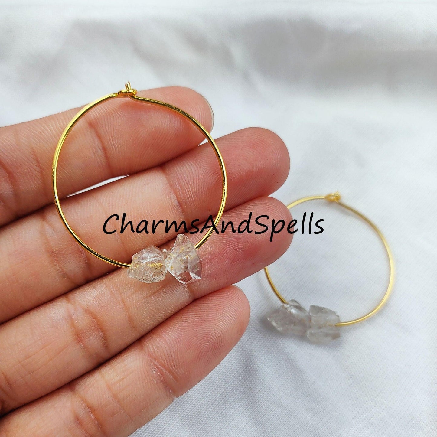 Raw Herkimer Earrings, Women Loop Earrings, Raw Crystal Jewelry, 14K Gold Plated Earrings, Women Earring - Charms And Spells