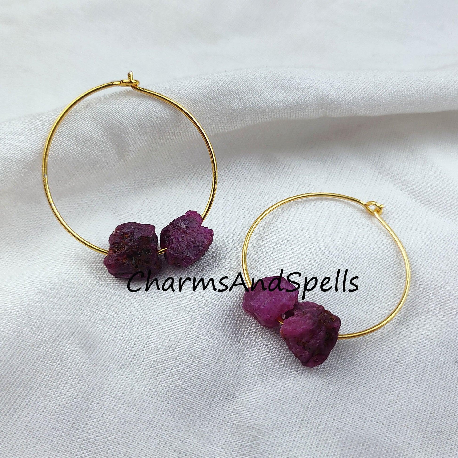 Raw Ruby Earring, Loop Earring, Gold Plated Earring, Pink Gemstone Earring, Wedding Earring - Charms And Spells