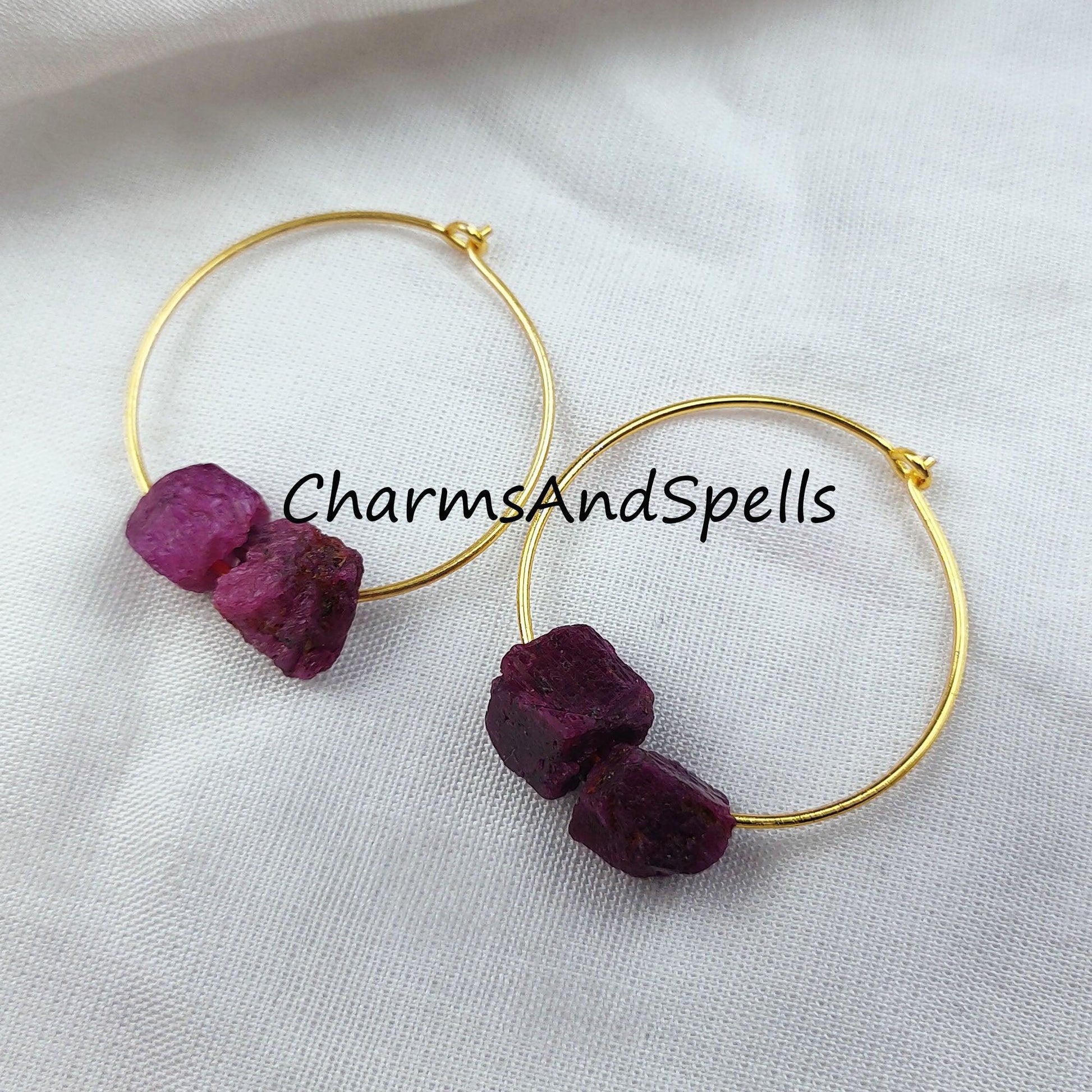 Raw Ruby Earring, Loop Earring, Gold Plated Earring, Pink Gemstone Earring, Wedding Earring - Charms And Spells