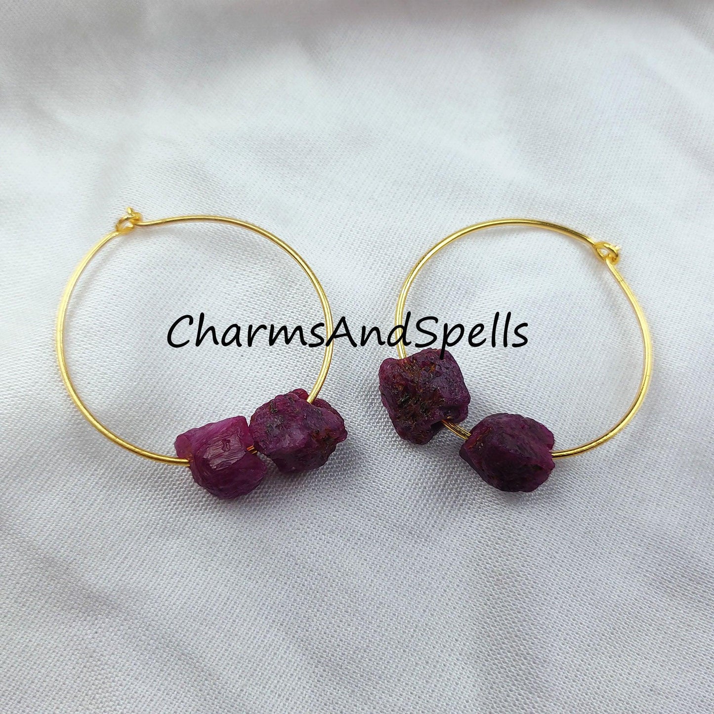 Raw Ruby Earring, Loop Earring, Gold Plated Earring, Pink Gemstone Earring, Wedding Earring - Charms And Spells