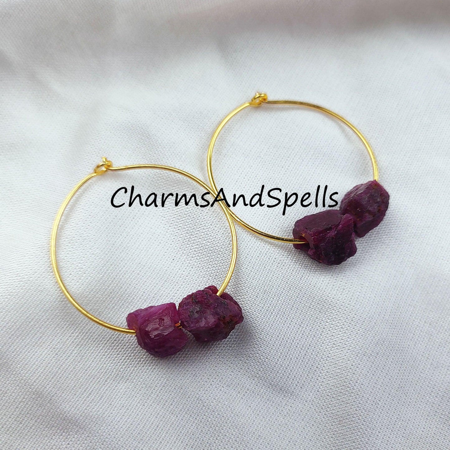 Raw Ruby Earring, Loop Earring, Gold Plated Earring, Pink Gemstone Earring, Wedding Earring - Charms And Spells