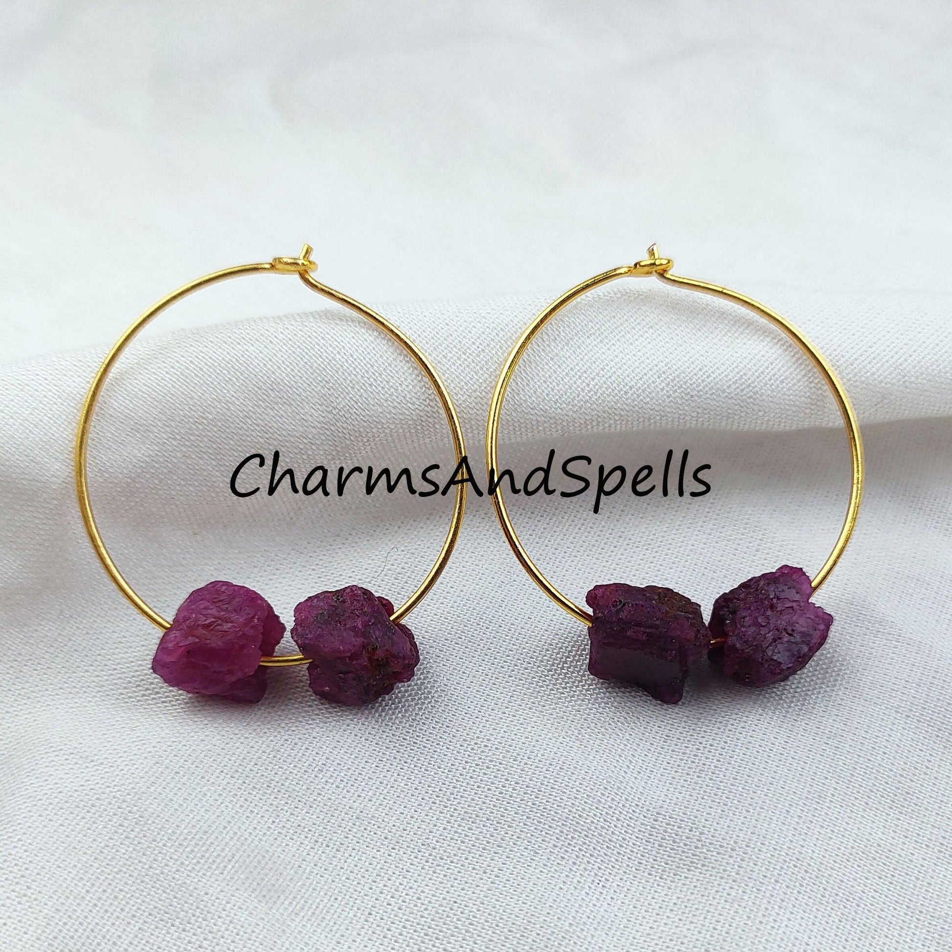 Raw Ruby Earring, Loop Earring, Gold Plated Earring, Pink Gemstone Earring, Wedding Earring - Charms And Spells