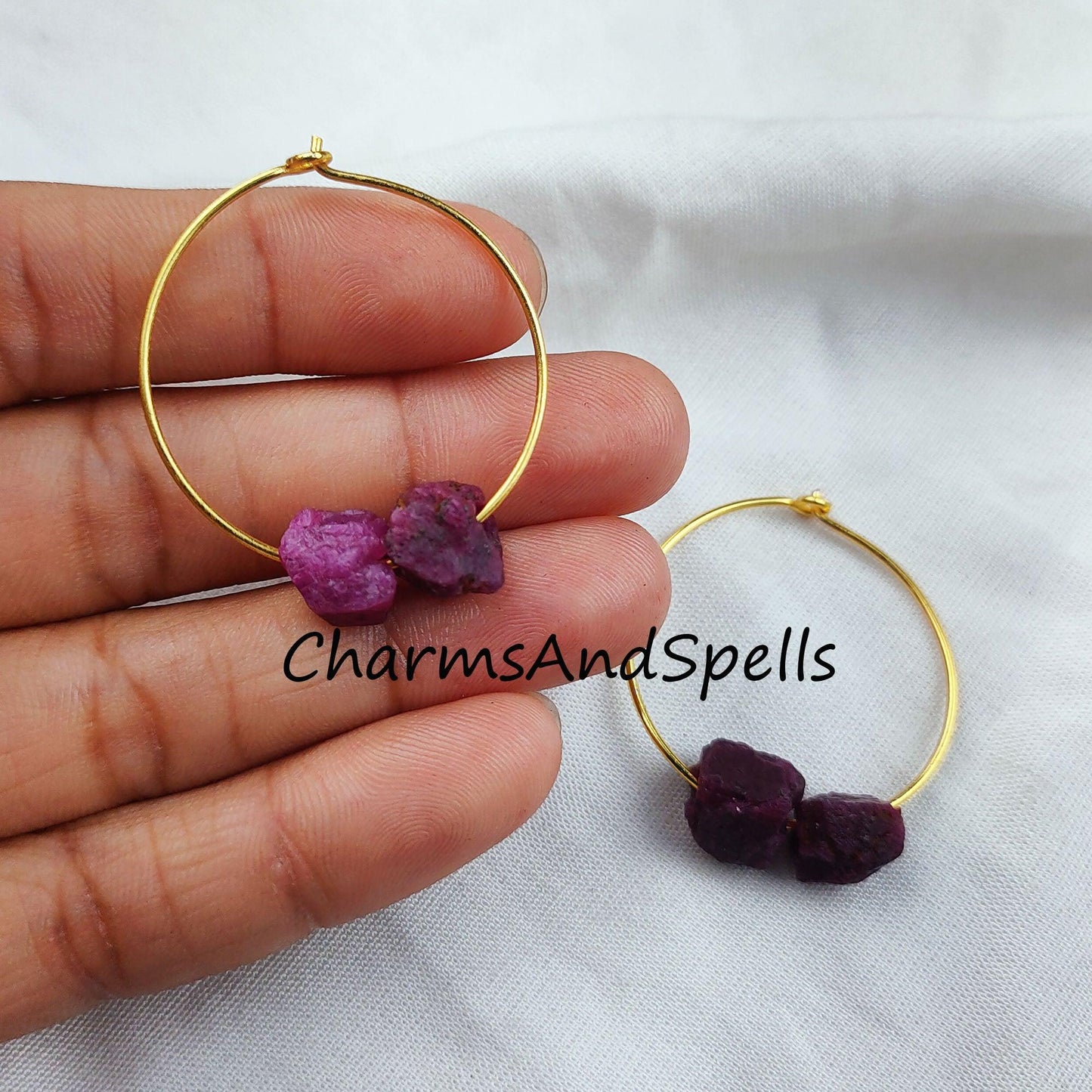 Raw Ruby Earring, Loop Earring, Gold Plated Earring, Pink Gemstone Earring, Wedding Earring - Charms And Spells