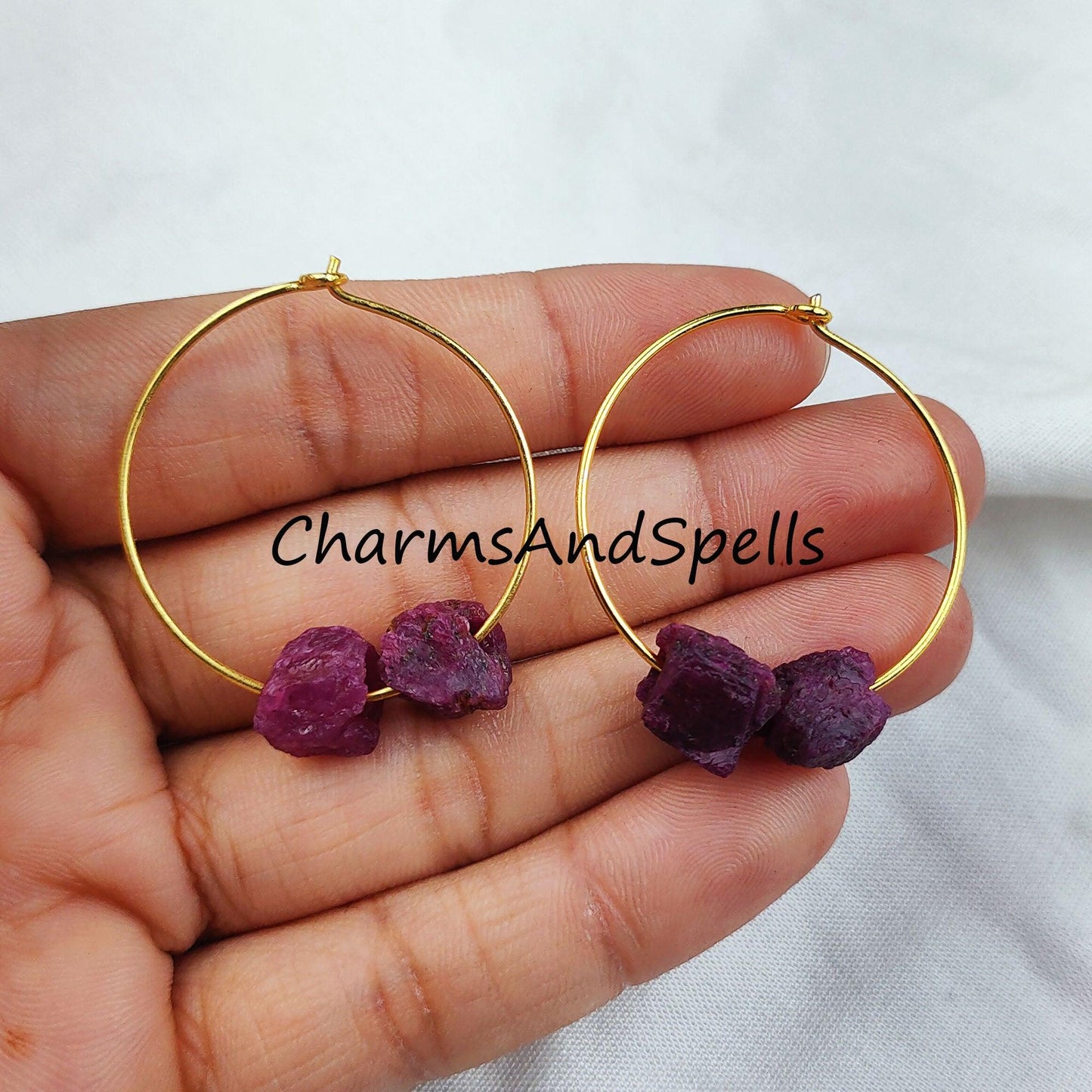 Raw Ruby Earring, Loop Earring, Gold Plated Earring, Pink Gemstone Earring, Wedding Earring - Charms And Spells