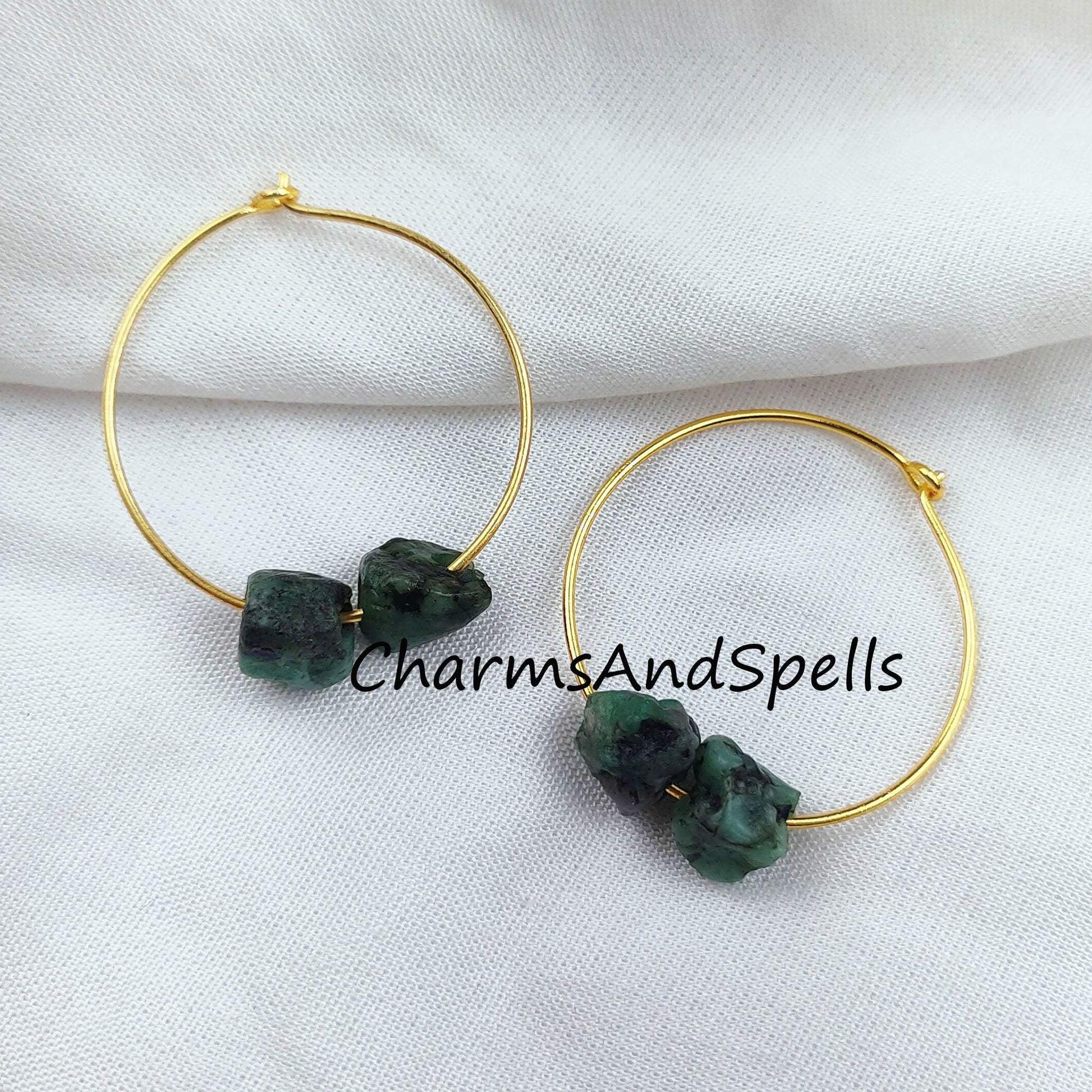 Natural Raw Emerald Earring, 14K Gold Plated Earring, Round Earring, Loop Earring, May Birthstone Earring - Charms And Spells