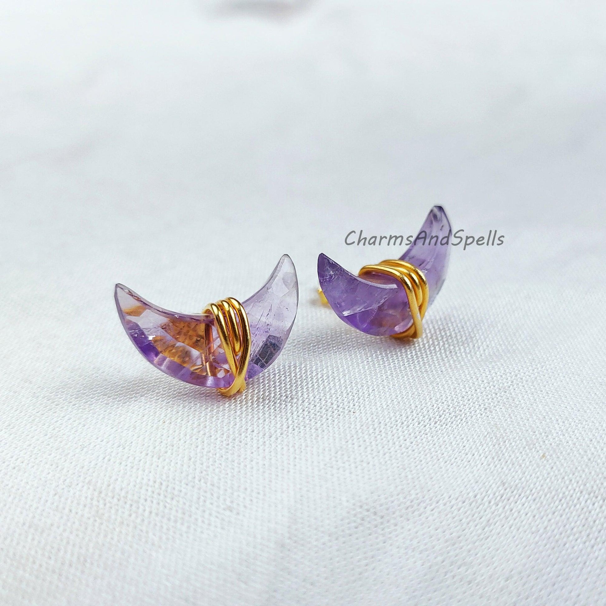 Amethyst Earring, Moon Studs, 14K Gold Plated Earrings, Amethyst Stud Earrings, Purple Wire Wrap Stud Earrings - Charms And Spells