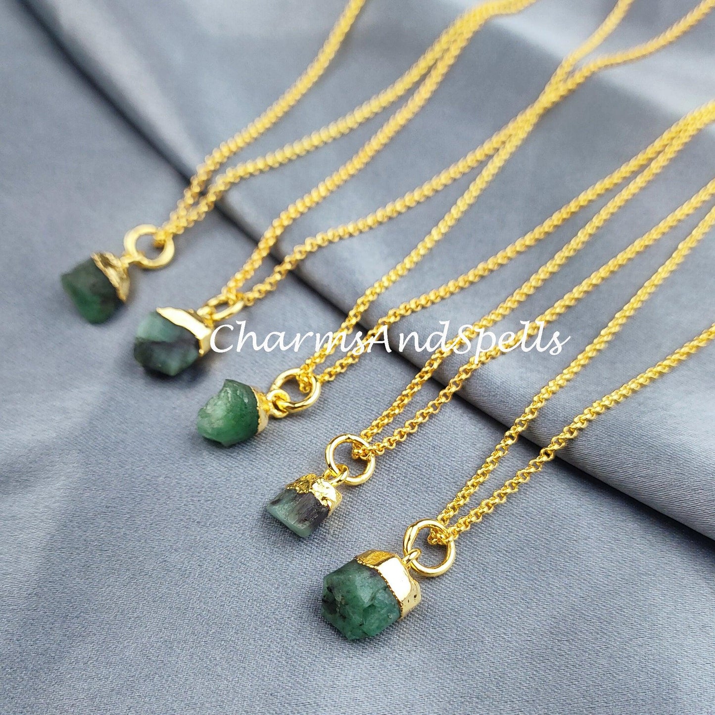 Natural Raw Emerald Necklace, Gold Plated Necklace, Crystal Necklace, Rough Emerald Necklace, Natural Gemstone Healing Crystal Jewelry - Charms And Spells