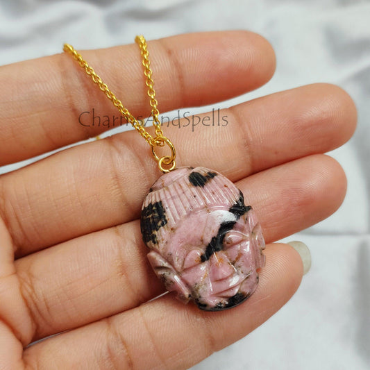 Rhodonite Buddha Face Carving Necklace, Gold Plated Buddha Pendant Necklace, Heart Chakra Peace Protection, Luck Necklace, Unisex necklace - Charms And Spells